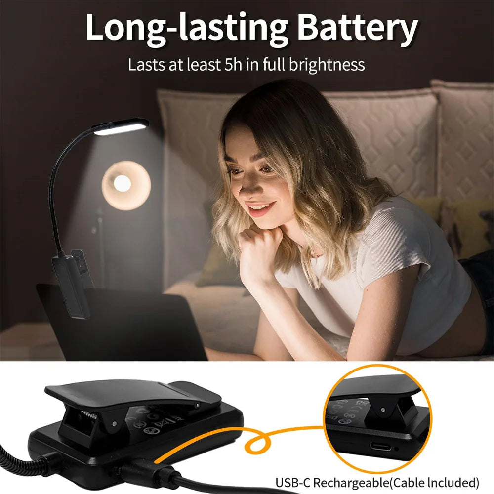 USB Rechargeable LED Reading Lamp Book Clamp Reading Light 3 color Temperatures for Work Reading Student Dormitory Night Light