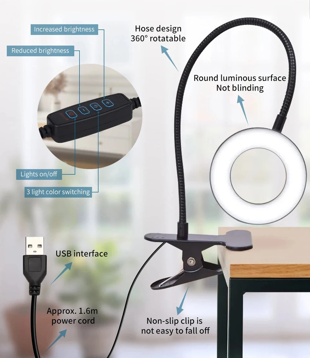 Clip on Light LED Reading Book Study Lamp 3 Color Modes 10 Brightness Eye Protection 360° Flexible Gooseneck Student Desk Lamp