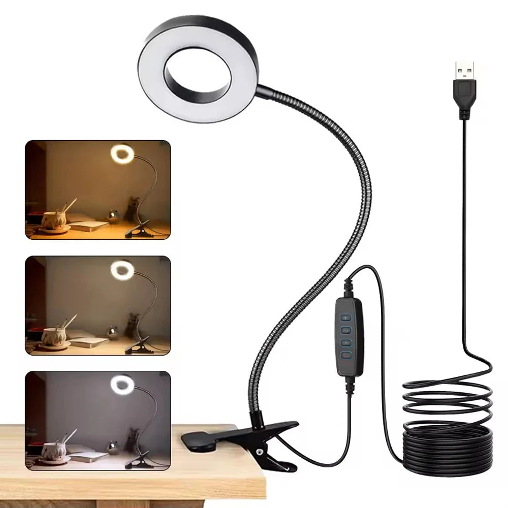 Clip on Light LED Reading Book Study Lamp 3 Color Modes 10 Brightness Eye Protection 360° Flexible Gooseneck Student Desk Lamp