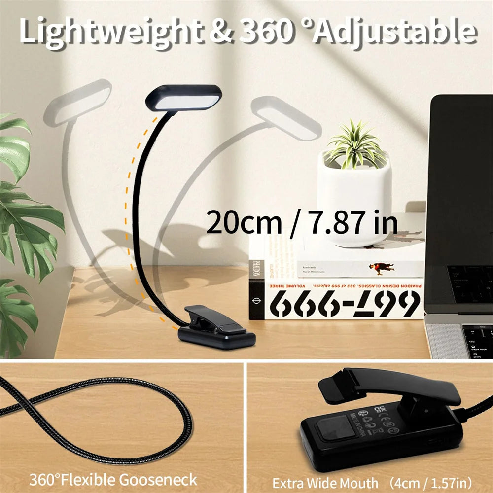 USB Rechargeable LED Reading Lamp Book Clamp Reading Light 3 color Temperatures for Work Reading Student Dormitory Night Light