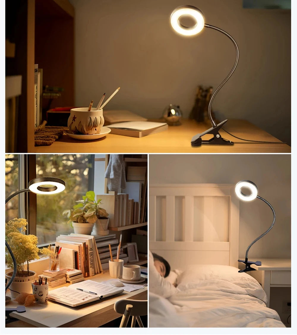 Clip on Light LED Reading Book Study Lamp 3 Color Modes 10 Brightness Eye Protection 360° Flexible Gooseneck Student Desk Lamp